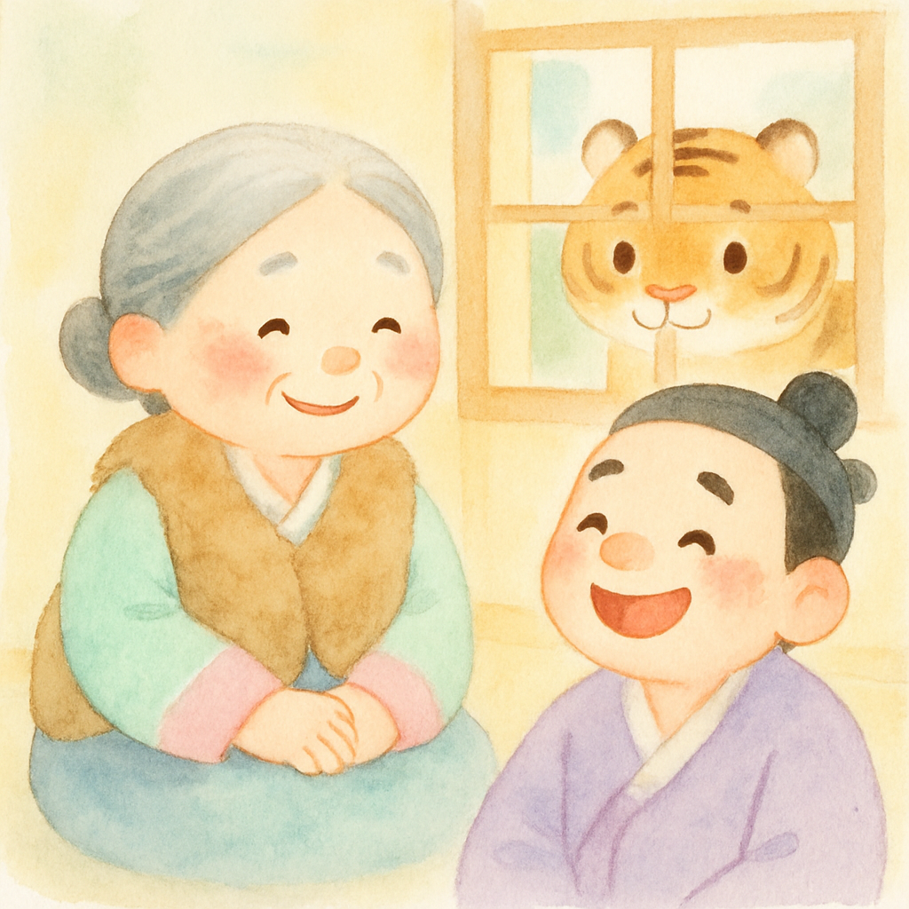 따뜻한 토끼 가죽옷을 입고 건강해진 어머니와 기뻐하는 나무꾼